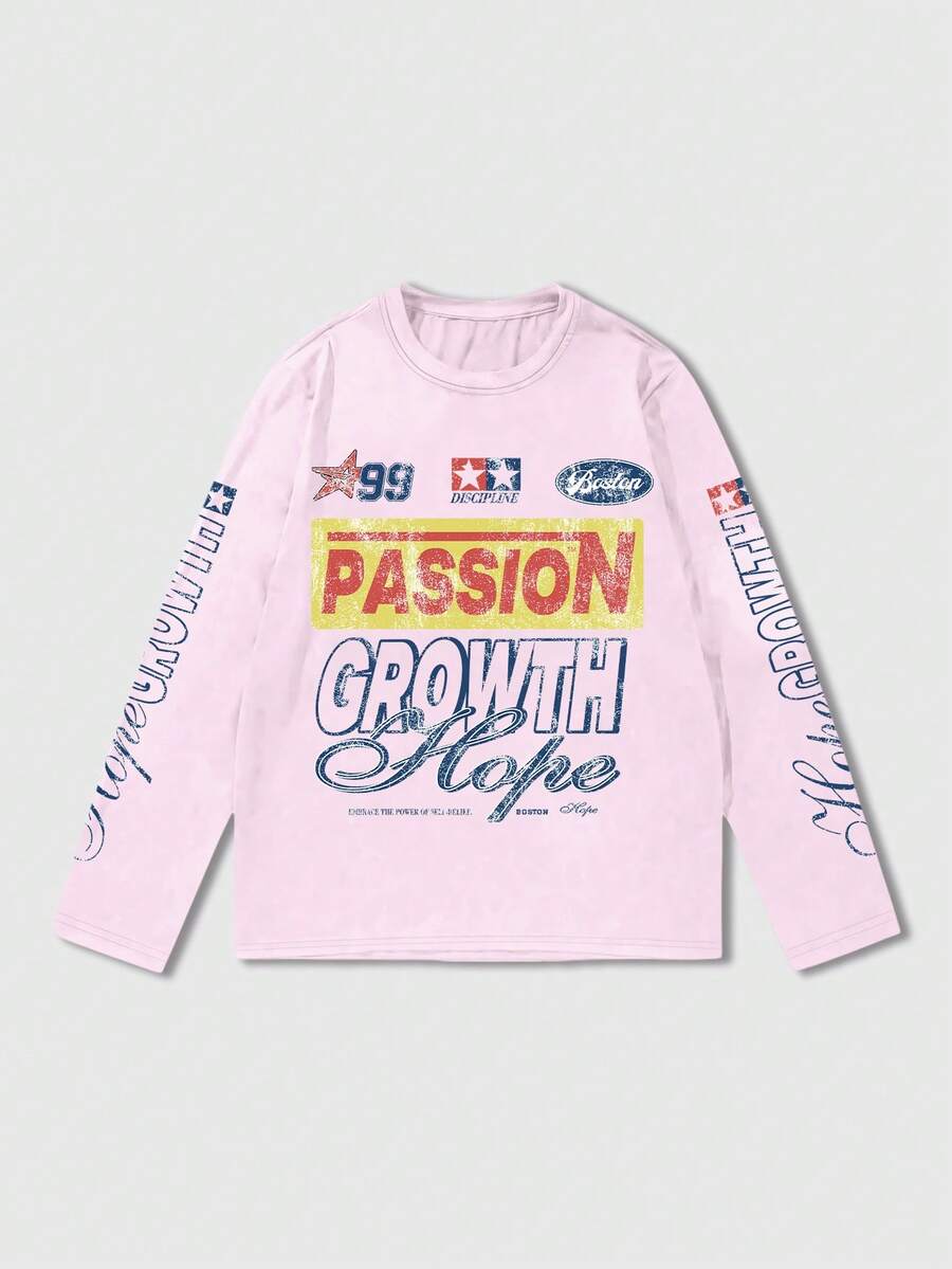 ROMWE MEN Street Life Men's Letter Graphic Casual Daily Long Sleeve T-Shirt - Pink - View 1