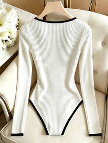 Franclia Women's Colorblock Trim Long Sleeve Bodysuit - Apricot - View 2