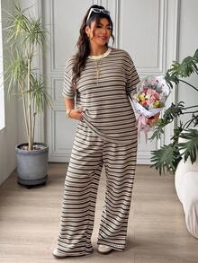 SHEIN EZwear 大尺碼女款棕色拼色短袖上衣與長褲兩件套，適合辦公、度假、夏季，1960年代與90年代風格 - 彩色 - 查看 4