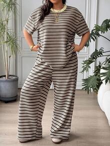 SHEIN EZwear 大尺碼女款棕色拼色短袖上衣與長褲兩件套，適合辦公、度假、夏季，1960年代與90年代風格 - 彩色 - 查看 5