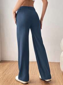 SHEIN EZwear Women's Solid Straight Suit Pants In Fall/Winter - Dusty Blue - View 2