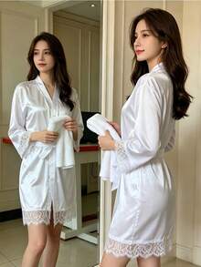 Ice Silk Satin Lace Robe, V Neck Belted Kimono Robe, Lightweight Breathable Loungewear Bathrobe, With Matching Panties - White - View 7