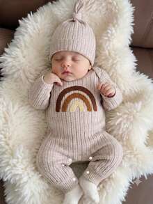 SHEIN Newborn Baby 2pcs Romper Set, Ribbed Long Sleeve Outfit With Rainbow Embroidery And Ear Beanie, Beige Minimalist Spring Autumn Infant Clothing - Apricot - View 4