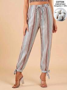 Travachic Celana Panjang Wanita Motif Garis-Garis dengan Blok Warna, Tali Serut di Pinggang, dan Belahan Samping, Cocok untuk Liburan - MultiWarna - View 5