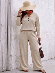 SHEIN LUNE Women's Autumn/Winter New Hot-Selling Textured Fabric Casual Versatile Plus Size 2 Pieces Set - Khaki - View 3