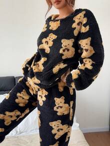 Napfluff Women's Cute Casual Bear Pattern Thick Double-Sided Fleece Loungewear 2 Pieces Set, Autumn/Winter Long Sleeve Round Neck Top And Pants Fleece 2 Pieces Set - Multicolor - View 4