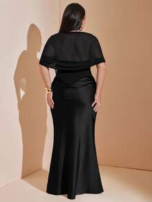 SHEIN BAE CURVE Plus Size Women's Black Mesh Patchwork Satin Long Mermaid Hem Dress, Elegant Long Dress Wedding Formal Dinner Cocktail Summer - Black - View 2
