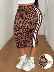 SHEIN CURVE+ Rok Wanita Ukuran Besar Kasual Seksi Motif Leopard Kain Rajut Elastis Tinggi Bodycon Desain Webbing Warna Kontras Samping Modis Serbaguna Musim Gugur Formal - MultiWarna - View 3