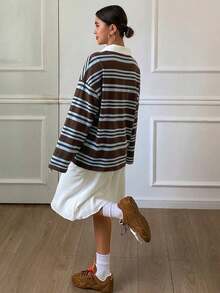 DAZY Women's Loose Striped Long Sleeve Patchwork Contrast Color Casual Top, Spring & Summer - Coffee Brown - View 2
