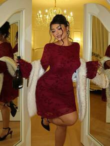 GalTyme Plus Size Women's Floral Flocked Round Neck Long Sleeve Elegant Dress Winter - Burgundy - View 7