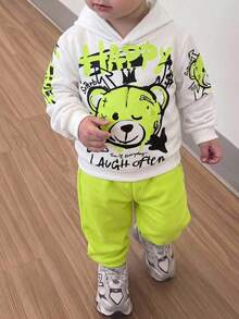 SHEIN Kids Men's Casual 2 Pieces Sweatshirt And Joggers Set With Fun Bear Print For Everyday Wear Back To School Green Autumn - Multicolor - View 1