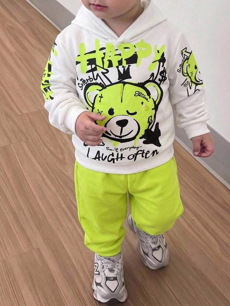 SHEIN Kids Men's Casual 2 Pieces Sweatshirt And Joggers Set With Fun Bear Print For Everyday Wear Back To School Green Autumn - Multicolor - View 1