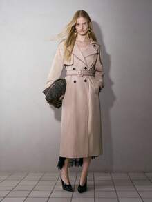 MOTF PREMIUM WOMEN'S KHAKI DOUBLE-BREASTED OPEN FRONT BELTED LONG TRENCH COAT - Khaki - View 1