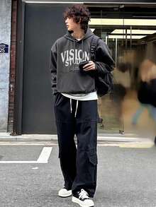 DAZY Autumn/Winter Thermal Lined Dark Gray & White Letter Print Loose Fit Cropped Hoodie For Men - Dark Grey - View 3