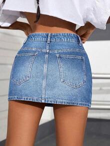 SHEIN PETITE Women's Pocket Bodycon Casual Versatile Denim Skirt - Medium Wash - View 2