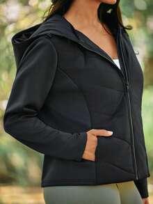 Voyena Women's Plus Size Zipper Comfortable Pocket Hooded Sports Padded Coat - Black - View 7