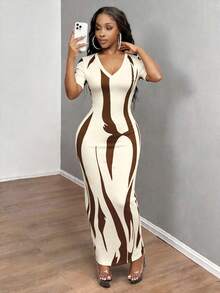 INAWLY Solva Robe d'été sexy ajustée à manches courtes avec imprimé pour femmes - Nude - Voir 3