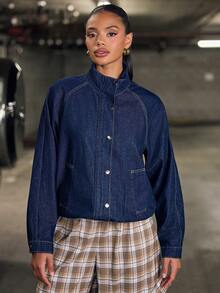 Hauture Women's Sexy Casual Funnel Neck Denim Bomber Jacket With Pockets - Navy Blue - View 2