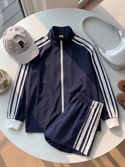 SHEIN Kids Teen Girls Outerwear Co-Ords Autumn/Winter Fashion Striped Long Sleeve Zipper Windbreaker Jacket & Striped Shorts 2-Piece Set, Casual Sporty Outfit, Back To School Wear