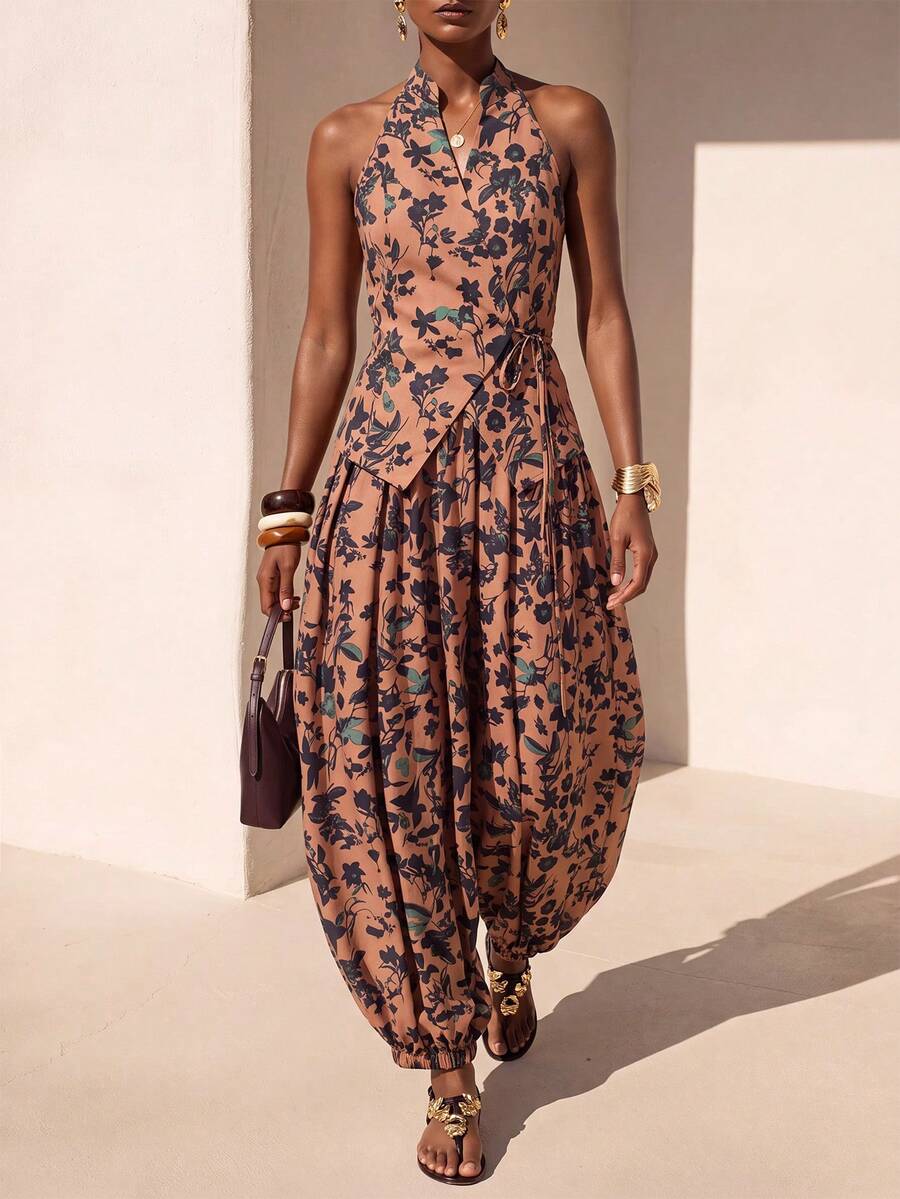 Zivah New Women's Elegant Brown Floral Print Halter Top + Lantern Pants Set, Palace Style Vintage Romantic Bohemian Holiday Loose Commute Vacation Autumn Outfit New Chinese New Year Party Set