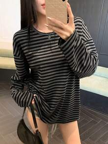 Dazy Tall Women's Round Neck Long Sleeve Loose Striped Street Casual T-Shirt Cute Tops - Grey - View 2