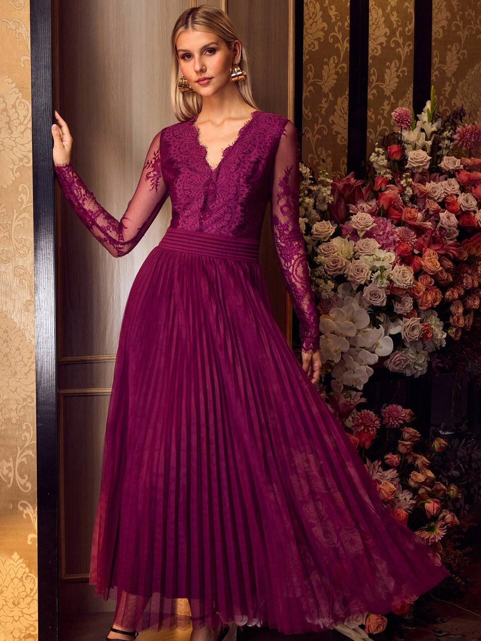 MOTF Vestido elegante para mujer con cintura esbelta, patchwork de encaje, plisado, cuello en V y línea A