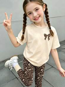 Elladie kids 女童清新簡約豹紋蝴蝶結圖案基本款短袖T恤與內搭褲套裝 - 彩色 - 查看 3