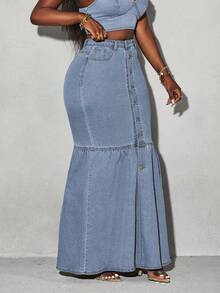 Slaydiva Women's Single Button Pocket Fisherman Style Casual Denim Mid-Length Skirt - Light Wash - View 6