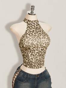 SHEIN ICON 女款夏季哥德風豹紋露背掛脖背心上衣 - 卡其色 - 查看 5