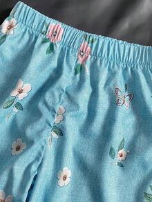 SHEIN Elladie kids 2件組基礎休閒懶人純色套裝，圓領短袖T恤搭配條紋布料直筒長褲，適合日常外出與多種場合，春夏四季兒童舒適日常夏日穿搭 - 藍色 - 查看 7