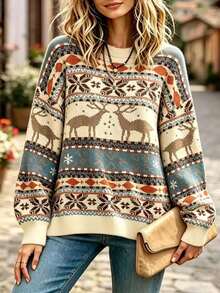 Selamara Sweatshirt Kasual Lengan Panjang Wanita Motif Rusa Kerah Bulat Bahu Longgar - MultiWarna - View 3