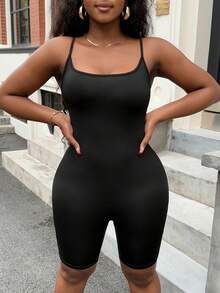 SHEIN EZwear Damen Oversize Schwarzer enger lässiger Romper mit Spaghettiträgern, geeignet für den Sommer - Schwarz - Übersicht 7
