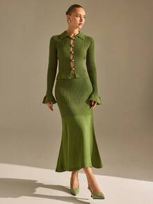 CLARA VERO Khaki Button Front Fluted Sleeve Knit Midi Set, Fitted, Ideal For Modern - Khaki - View 6