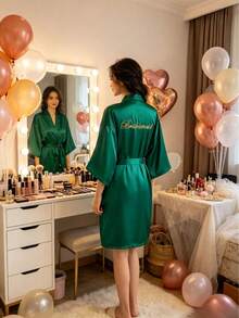 Soft Silky Satin Embroidered Bridal Morning Robe For Bride Bridesmaid Wedding Daily Wear Vacation - Bridesmaid Green - View 7
