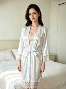 Ice Silk Satin Lace Robe, V Neck Belted Kimono Robe, Lightweight Breathable Loungewear Bathrobe, With Matching Panties - White - View 6