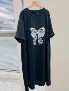 GlowEve CURVE Plus Size Casual & Commuting Elegant Comfortable Straight Short Sleeve Butterfly Print Dress, Spring/Summer - Royal Blue - View 7