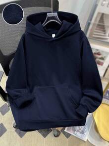 SHEIN 青少年男孩休閒寬鬆舒適百搭純色運動衫 秋冬衣物 - 藏蓝色 - 查看 4