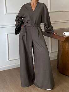 Dazy Plus Autumn/Winter V-Neck Casual Commute Pullover Top & Wide Leg Pants 2 Pieces Set - Grey - View 2