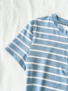 SHEIN Tween Girl Striped Pattern Short Sleeve Slim Fit Crew Neck Button T-Shirt - Baby Blue - View 6