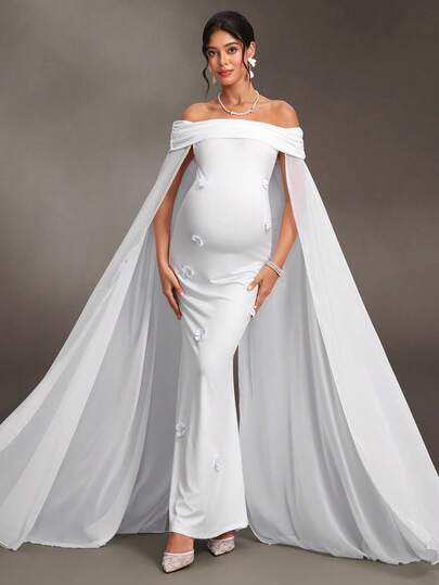 Cheriluna Maternity Maternity Photo Shoot Party Elegant Elegant Off-Shoulder Double Layer Design Slim Fit Mermaid Hem Back Cape Front 3D Floral White Knit Maxi Dress