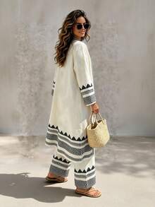 Ceyna Damen Große Größen Lässig Boho Urlaub Geometrisches Muster Langarm Robe Jacke Elastische Weite Beinhose 2-teiliges Set Brunch Strand Schwarz Zitrone Herbst - Aprikosenfarben - Übersicht 5