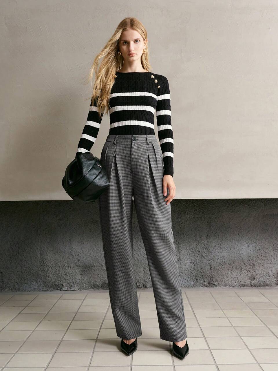 MOTF WOMEN'S FASHIONABLE ELEGANT MODERN YOUTHFUL HOUNDSTOOTH PRINT FOLD PLEATED TAPERED SUIT PANTS