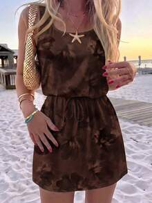 SHEIN LUNE Gaun Pendek Kasual Wanita Bermotif, Cocok untuk Musim Semi/Panas, Motif Tie-Dye Cokelat Elegan - MultiWarna - View 2