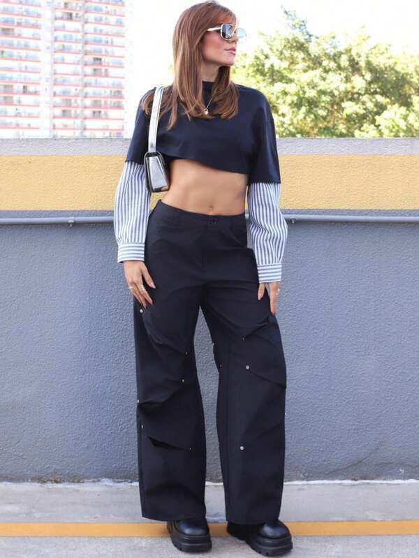 Hariany Almeida Women Y2K Pants Side Pleated Studded Cargo Trousers Black