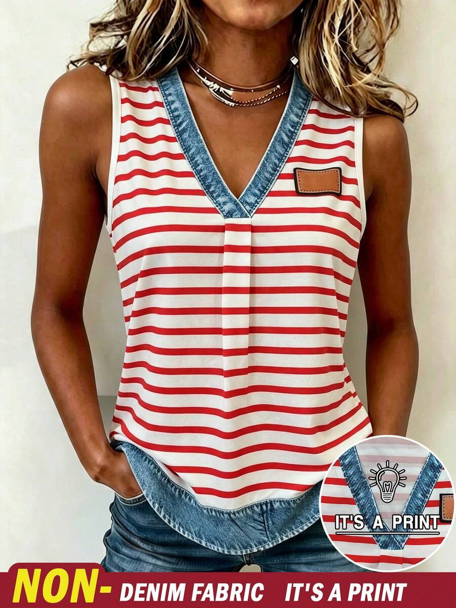 EMERY ROSE Top casual versátil para mujer con estampado de efecto denim a rayas - Multicolor - Ver 1