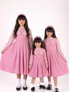 SHEIN Tween Girl Tween Girl Plaid Patchwork Pleated Casual Family Matching Cute Daily Holiday School Autumn Dress Back-To-School Pink Primary Middle Pinafore - Pink - View 1