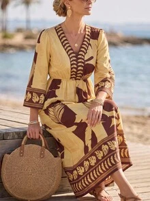 Hansera Women's Summer Vacation Leaf Print V-Neck Waist Cinched Dress - Multicolor - View 4