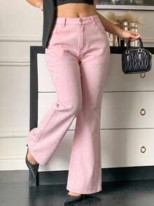 Dazy Plus Celana Jeans Denim Wanita Kasual Serbaguna untuk Harian dan Perjalanan, Model Flare dengan Saku dan Kancing - Berwarna merah muda - View 4