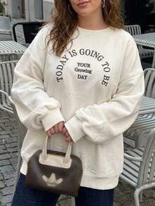 Dazy Plus Letter Embroidery Casual Plus Size Thermal Lined Thick Loose Long Sleeve White Girls Sweatshirt Fall - White - View 10