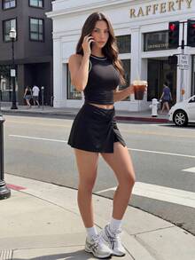 SHEIN Dewbera Minimalist Striped Colorblock Round Neck Tank Top And Front Knot Ruched Skort Sports Set - Black - View 4